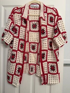 Bershka Cream Crochet Shirt with Red Trim